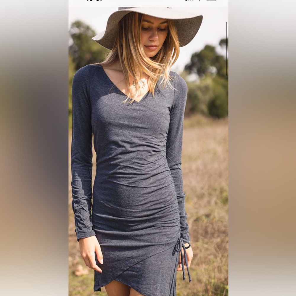 Long Sleeve Charcoal Ruched V-Neck Dress